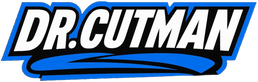 Dr. Cutman logo with blue and black swoosh on a white background