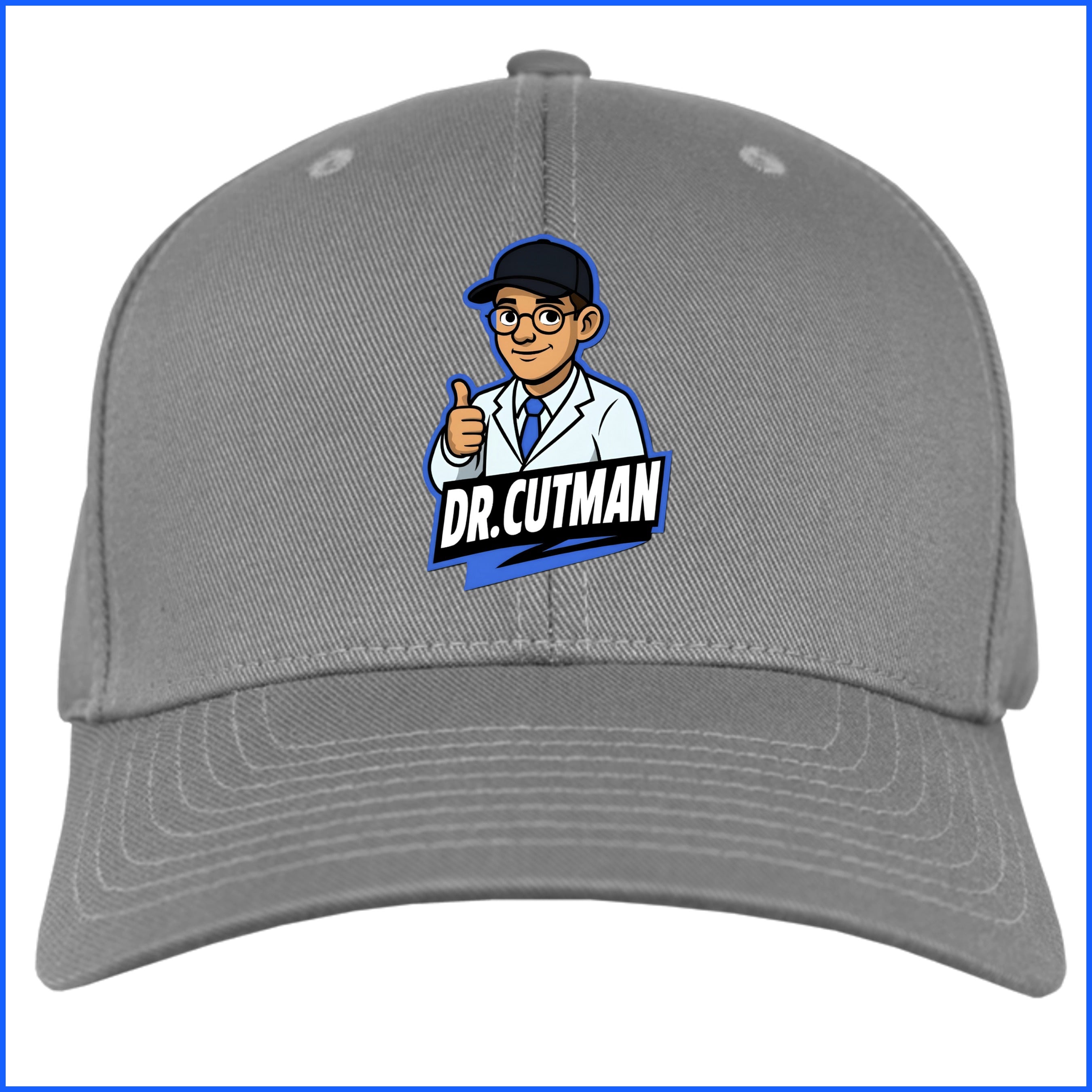 Gray hat front with blue border