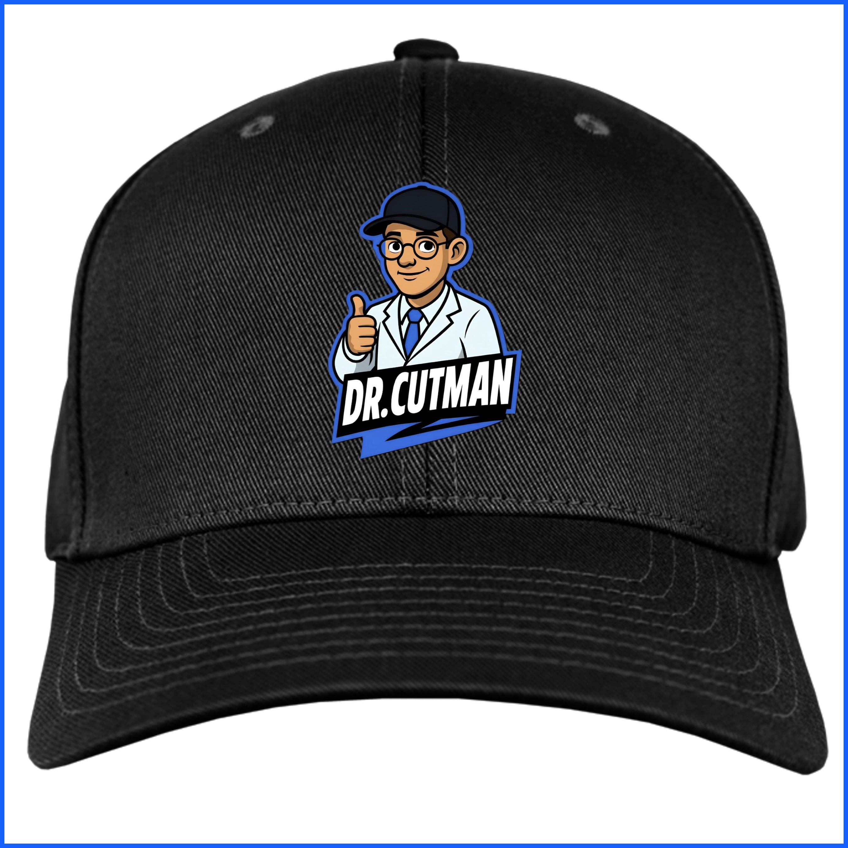 Black hat front with blue border