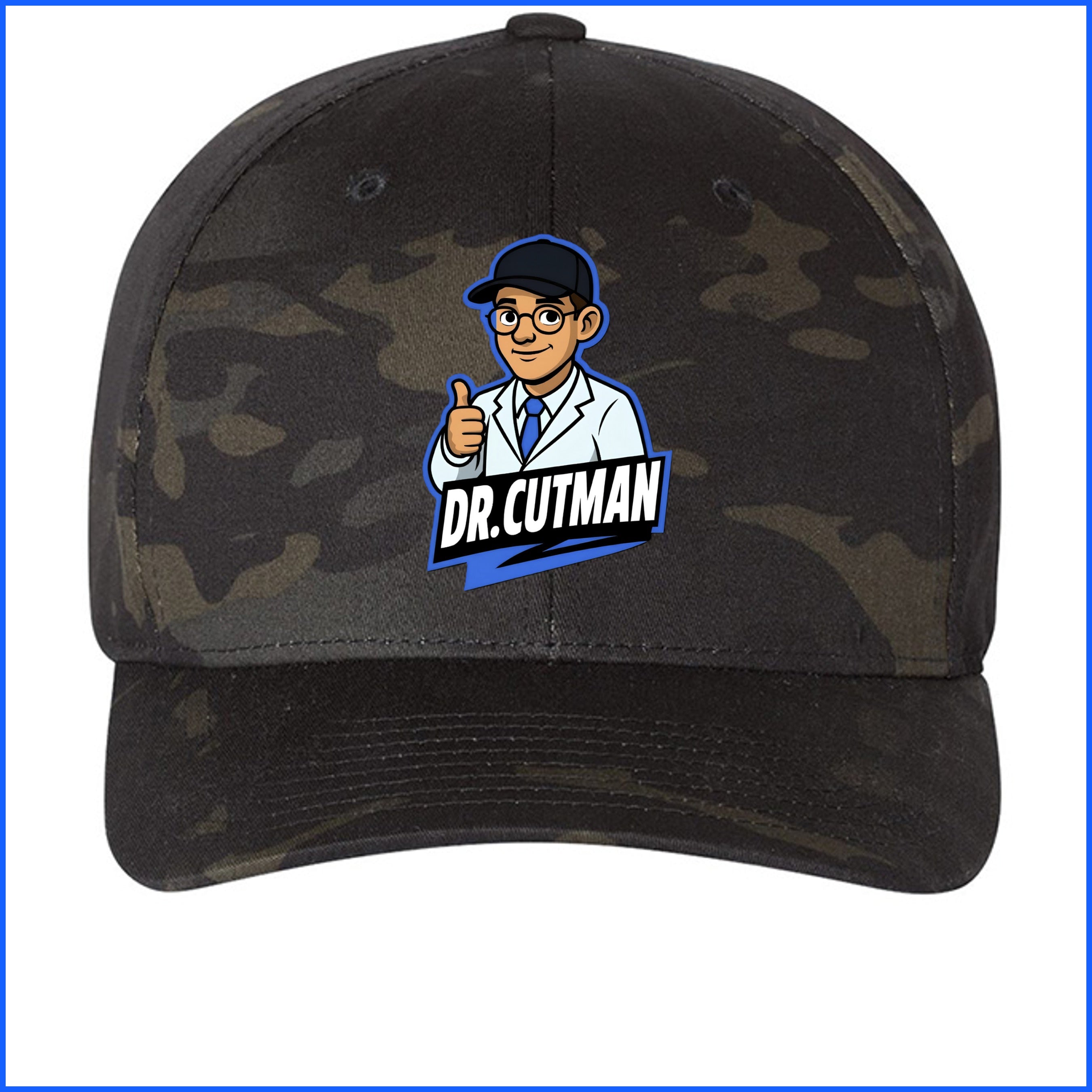 Camo hat front with blue border